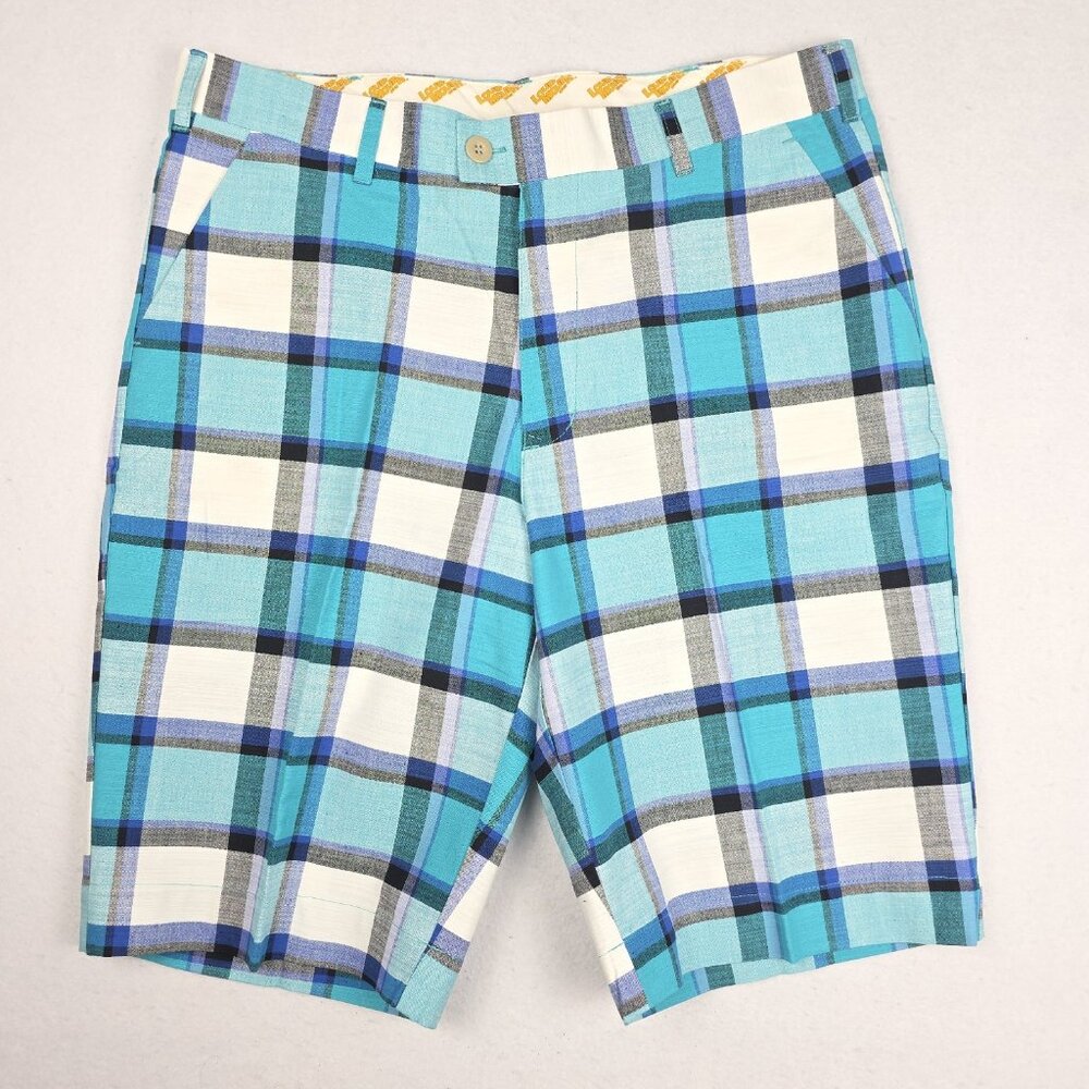 Loudmouth Men's Golf Shorts Sz 34 Plaid Blue Teal‎ Black 100% Cotton Preppy Bold